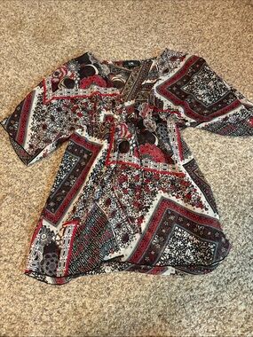 I.N. San Francisco Red, Black & Cream Paisley Patchwork Blouse
